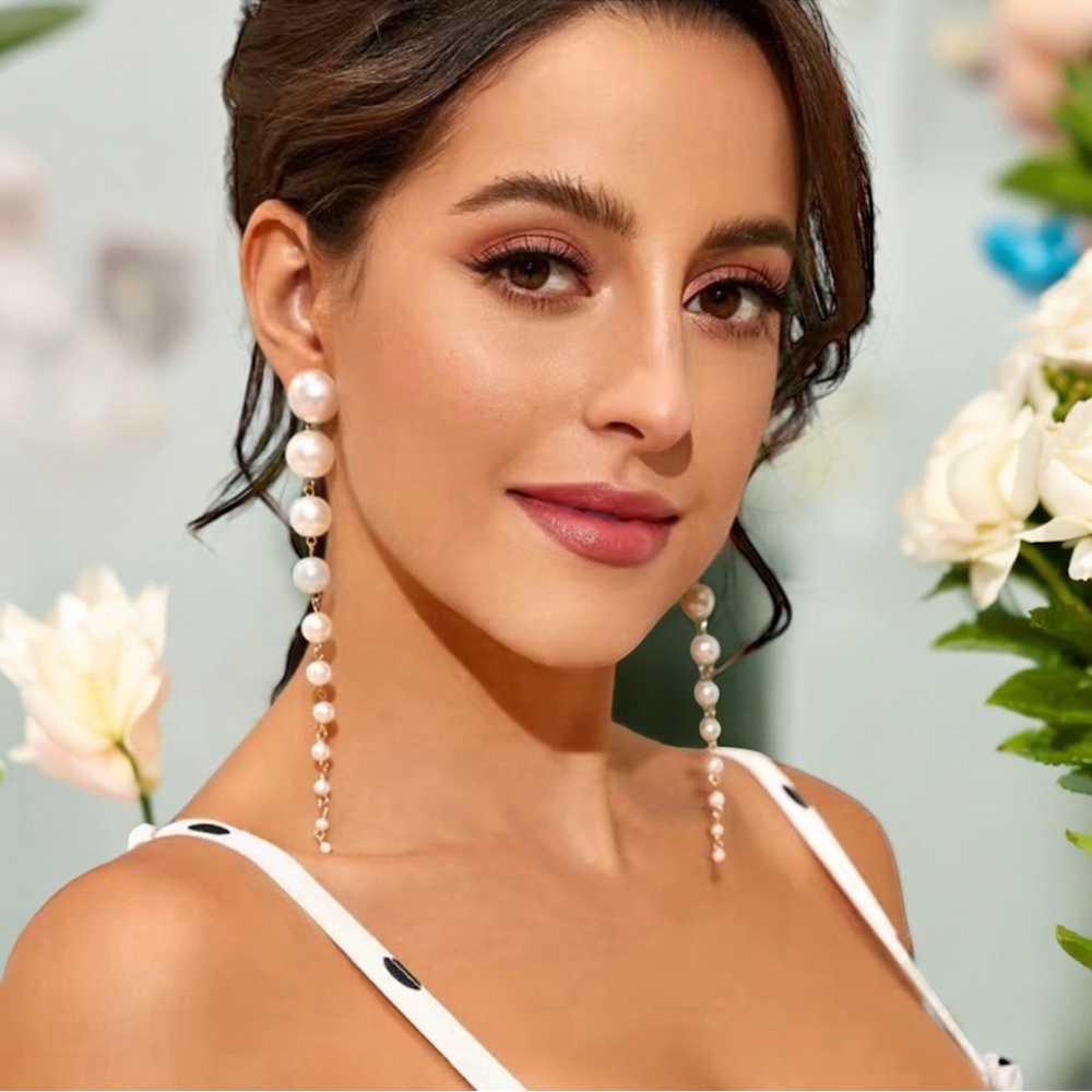 1pair Imitation Pearl Decor Long Drop Earrings
